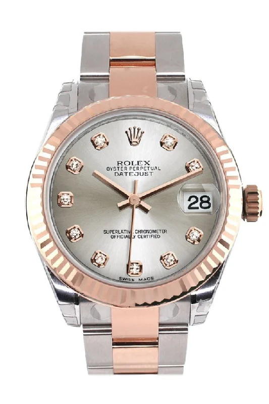 Rolex Datejust 31 Silver Diamond Dial Fluted Bezel 18K Rose Gold Two Tone Ladies Watch 178271 Pre-owned-Rolex Datejust 36mm Pink Dial Watch