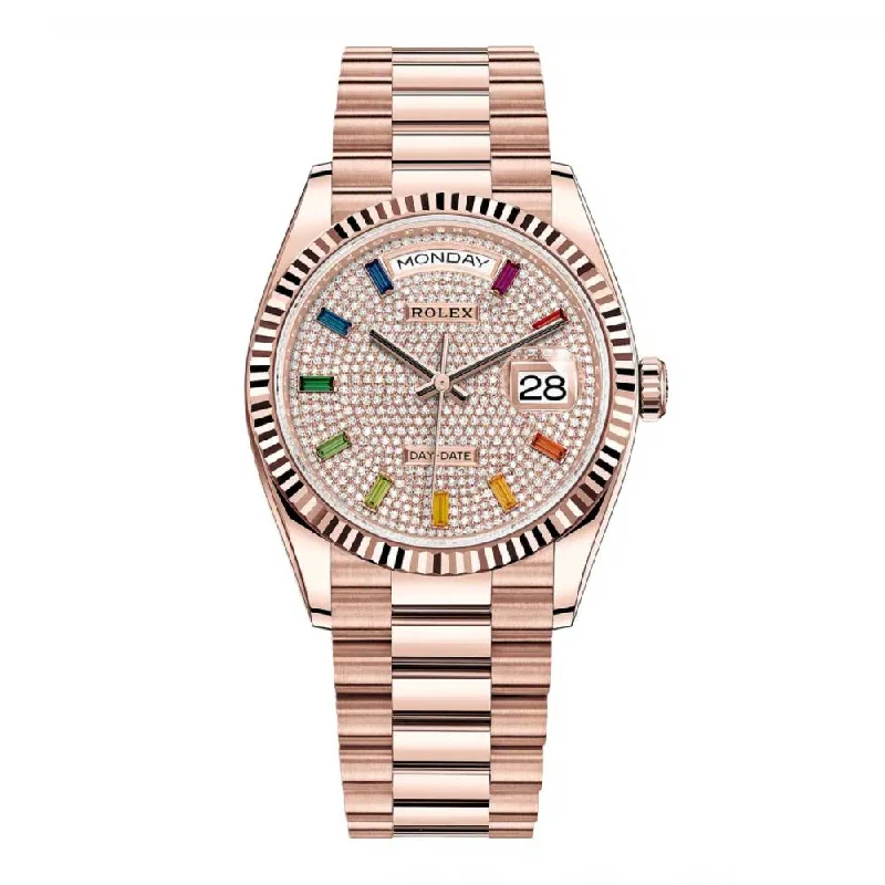 Rolex Day Date 36mm - Ref: 128235-0039 - Pave Rainbow Diamond Dial & Fluted Bezel, 18K Rose Gold President Bracelet Watch-Rolex Datejust 41mm Diamond Dial Watch