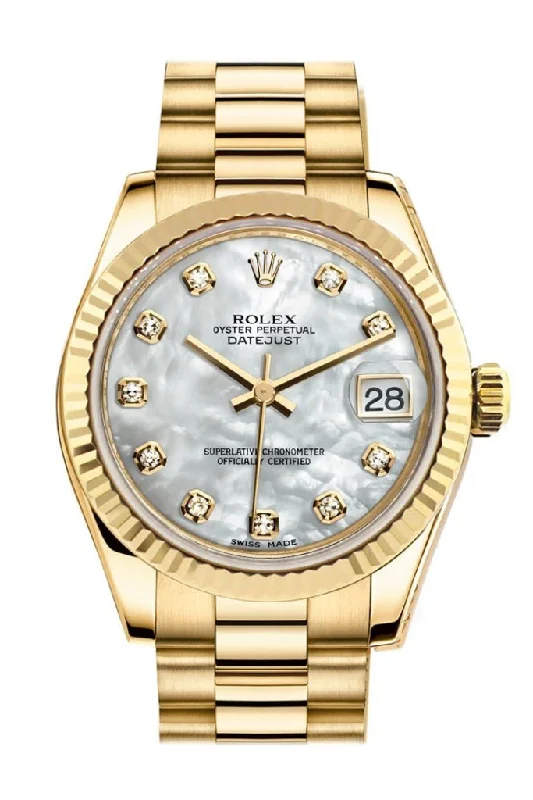 Rolex Datejust 31 White Mother of Pearl Dia Dial Fluted Bezel 18K Yellow Gold President Ladies Watch 178278 Pre-owned-Rolex GMT-Master II 126710BLRO Pepsi Bezel Watch