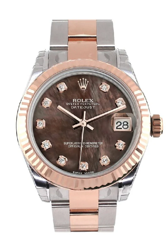 Rolex Datejust 31 Black Mother of Pearl Diamond Dial Fluted Bezel 18K Rose Gold Two Tone Ladies Watch 178271 Pre-owned-Rolex GMT-Master II Red and Blue Watch