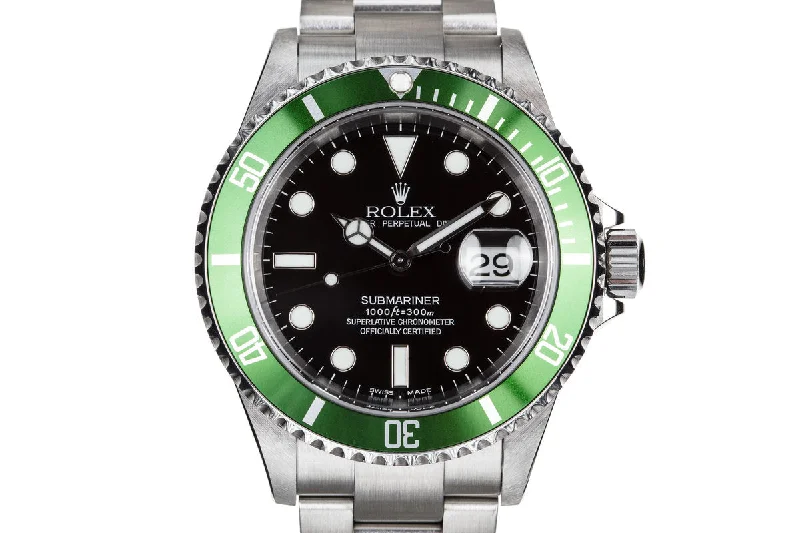 2003 Rolex Green Submariner 16610LV with Flat 4 Bezel and Box and Papers-Rolex Oyster Perpetual 36mm Watch