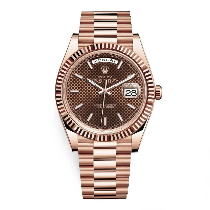 Rolex Day Date 40mm - Ref: 228235-0006 - Chocolate Diagonal Motif Stick Dial & Fluted Bezel, 18K Rose Gold President Bracelet Men's Watch-Rolex Cosmograph Daytona 116503 Watch