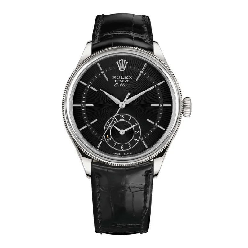 Rolex Cellini Dual Time 39mm - Ref: 50529-0007 - Black Guilloche Index Dial, Domed & Fluted Double Bezel, 18K White Gold & Black Leather Strap Watch-Rolex GMT-Master II 126710BLRO Pepsi Bezel Watch