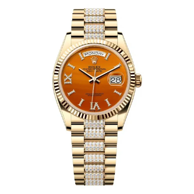 Rolex Day Date 36mm - Ref: 128238-0089 - Carnelian Orange Roman Diamond Dial & Fluted Bezel, 18K Yellow Gold & Diamonds President Bracelet Watch-Rolex GMT-Master II Pepsi Bezel Watch