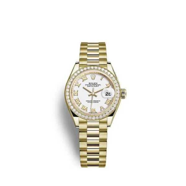 Rolex Lady-Datejust 28mm - Ref: 279138rbr-0031 - White Roman Dial & Diamond Bezel, 18K Yellow Gold Presidential Bracelet Women's Watch-Rolex Submariner Ceramic Bezel Watch