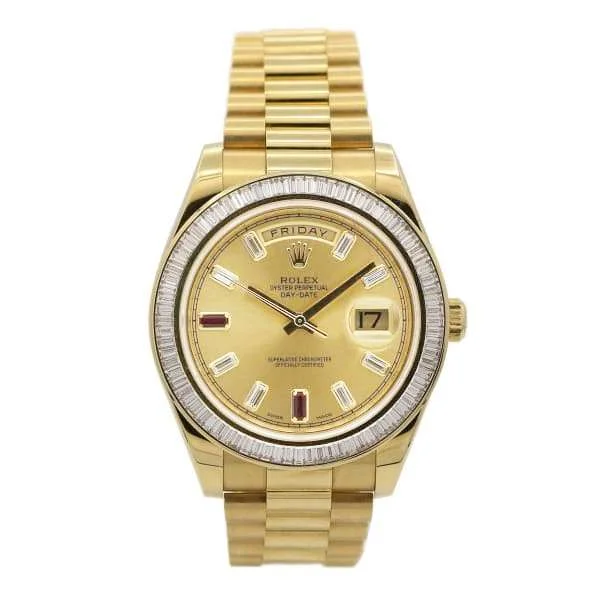 Rolex Day Date II 41mm - Ref: ROL-425000 - Champagne Diamond / Ruby Dial & Diamond Bezel, 18K Yellow Gold President Bracelet Men's Watch-Rolex Yacht-Master II Watch