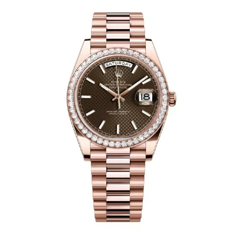 Rolex Day Date 40mm - Ref: 228345rbr-0005 - Chocolate Diagonal Motif Stick Dial & Diamond Bezel, 18K Rose Gold President Bracelet Men's Watch-Rolex Submariner 16613 Two-Tone Watch