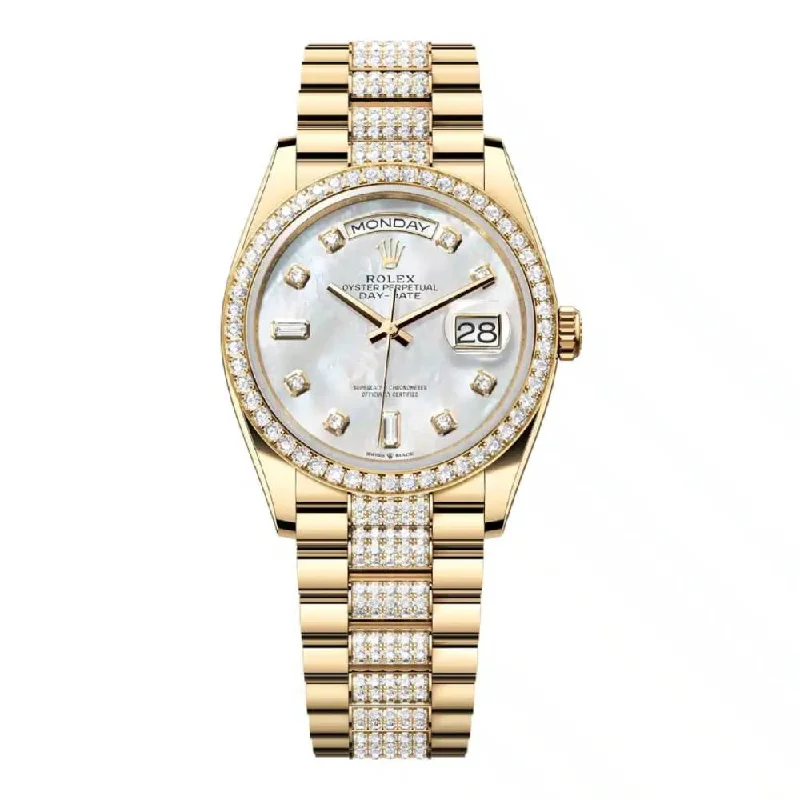 Rolex Day Date 36mm - Ref: 128348rbr-0019 - White Mother of Pearl Diamond Dial & Diamond Bezel, 18K Yellow Gold & Diamonds President Bracelet Watch-Rolex Day-Date 36mm Rose Gold Watch