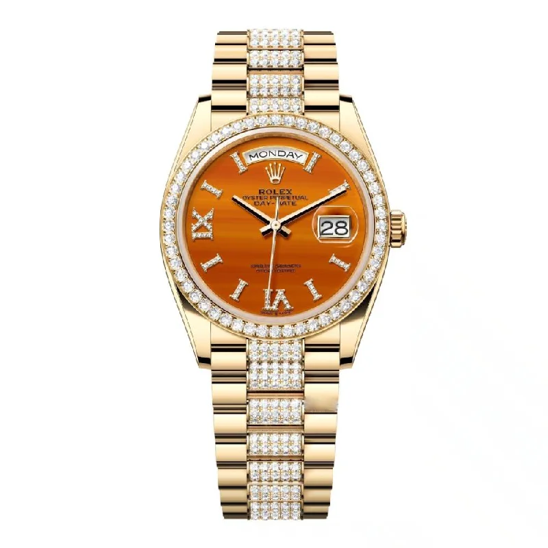 2024 Release Rolex Datejust 36mm - Ref: 128348rbr-0050 - Carnelian Orange Roman Diamond & Diamond Bezel, 18K Yellow Gold diamond Presidential Bracelet Watch-Rolex Daytona 116519LN Watch