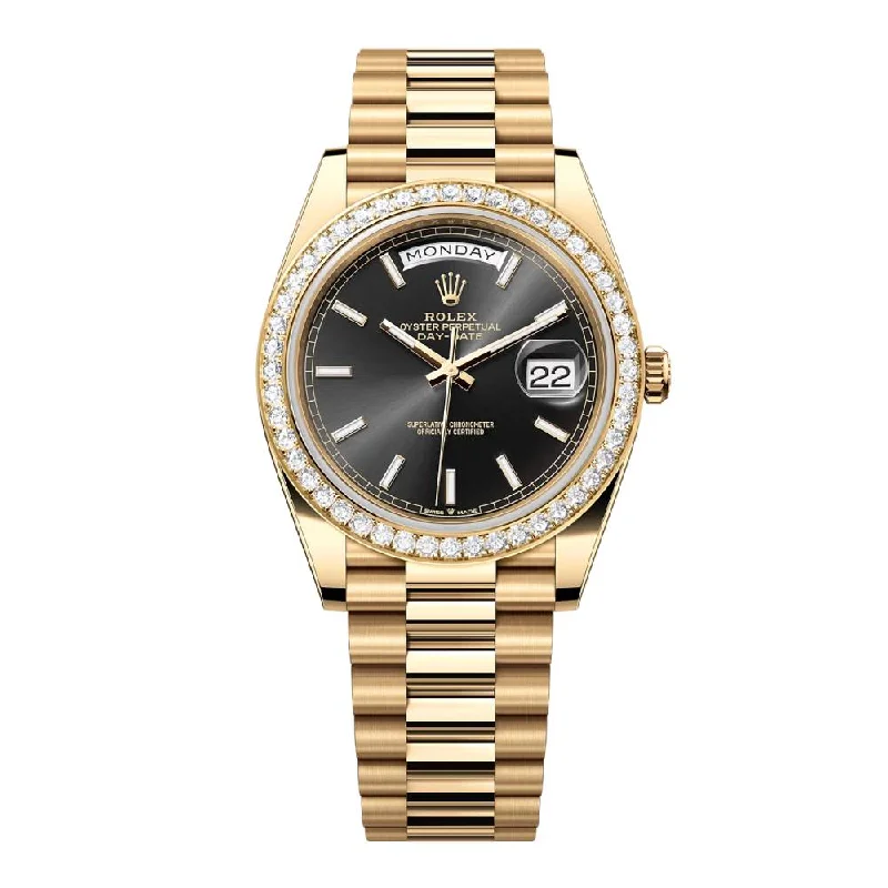 Rolex Day Date 40mm - Ref: 228348RBR - Black Stick Dial & Diamond Bezel, 18K Yellow Gold President Bracelet Men's Watch-Rolex GMT-Master II 126710BLRO Watch