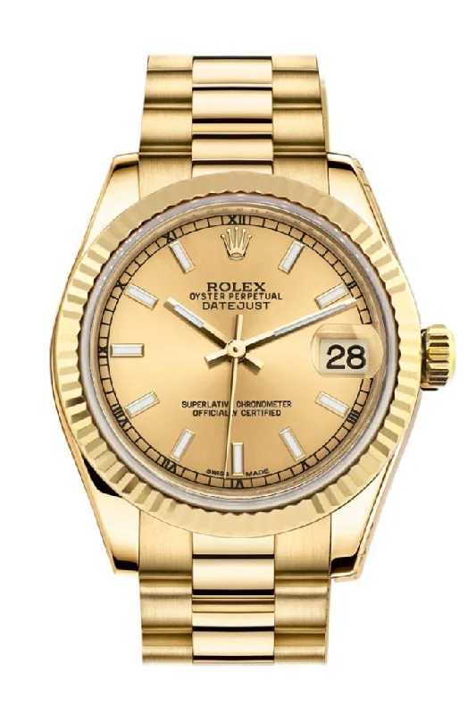 Rolex Datejust 31 Champagne Dial Fluted Bezel 18K Yellow Gold President Ladies Watch 178278 Pre-owned-Rolex Day-Date 40mm Blue Dial Watch