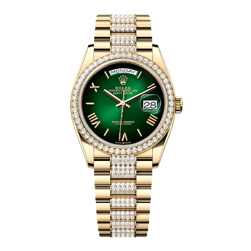 2024 Release Rolex Day-Date 36mm - Ref: 128348rbr-0069 - Green Ombre Dial & Diamond Bezel, 18K Yellow Gold diamond Presidential Bracelet Watch-Rolex Sea-Dweller 4000m Watch