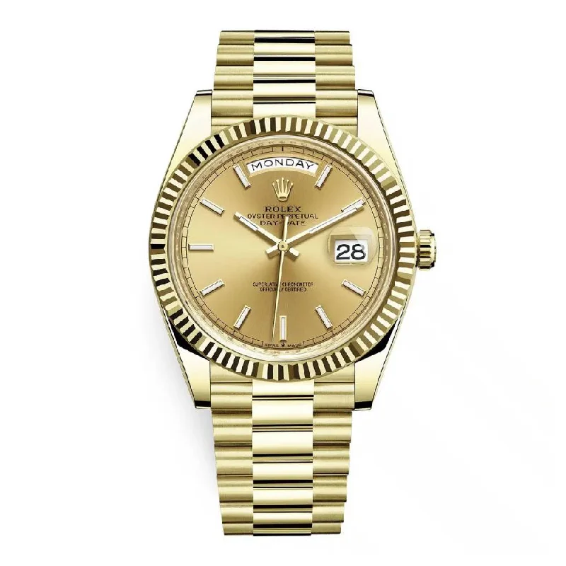 Rolex Day Date 40mm - Ref: 228238-0003 - Champagne Stick Dial & Fluted Bezel, 18K Yellow Gold President Bracelet Men's Watch-Rolex Explorer 39mm Watch Sale