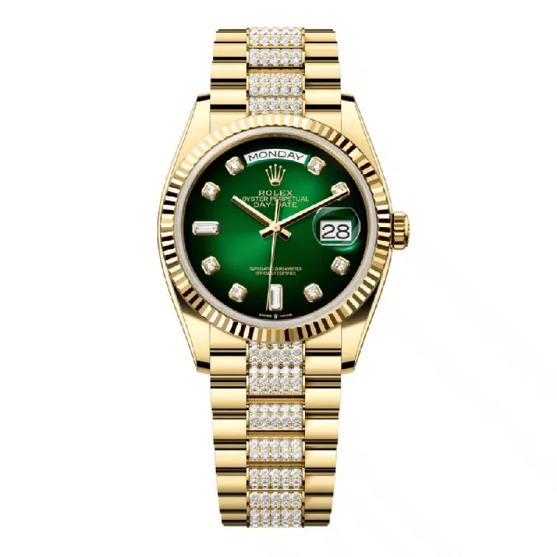 Rolex Day Date 36mm - Ref: 128238-0070 - Green Ombre Diamond Dial & Fluted Bezel, 18K Yellow Gold & Diamonds President Bracelet Watch-Rolex Explorer I Watch