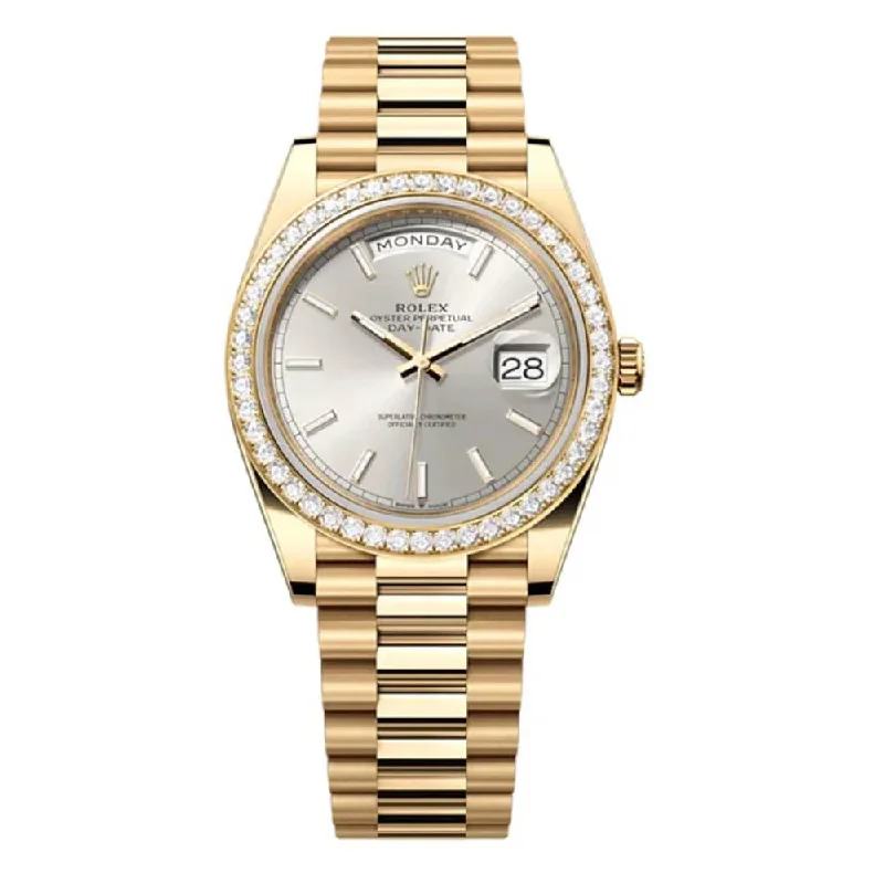 Rolex Day Date 40mm - Ref: 228348RBR - Silver Stick Dial & Diamond Bezel, 18K Yellow Gold President Bracelet Men's Watch-Rolex Datejust 116234 Watch