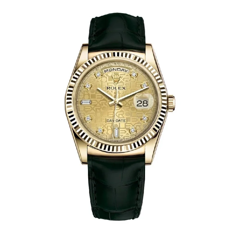 Rolex Day Date 36mm - Ref: 118138 - Champagne Jubilee Diamond Dial, 18K Yellow Gold & Black Leather Strap Watch-Rolex Yacht-Master 40mm Diamond Dial Watch