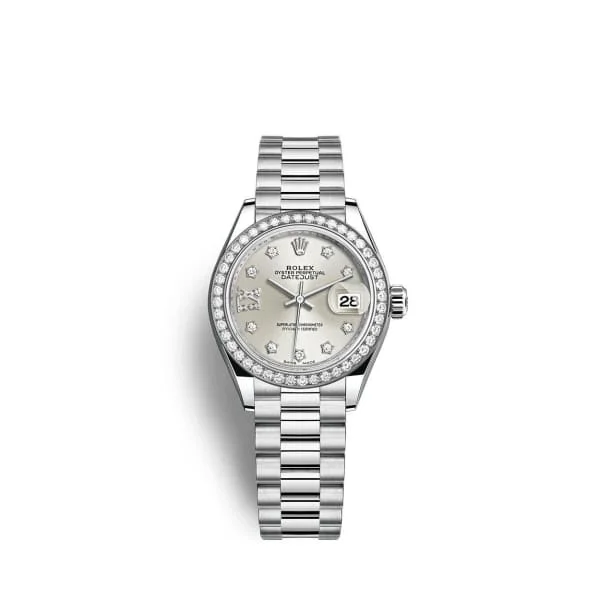 Rolex Lady-Datejust 28mm - Ref: 279136rbr-0003 - Silver Diamond Dial & Diamond Bezel, 18K White Gold Presidential Bracelet Women's Watch-Rolex Explorer 39mm Watch