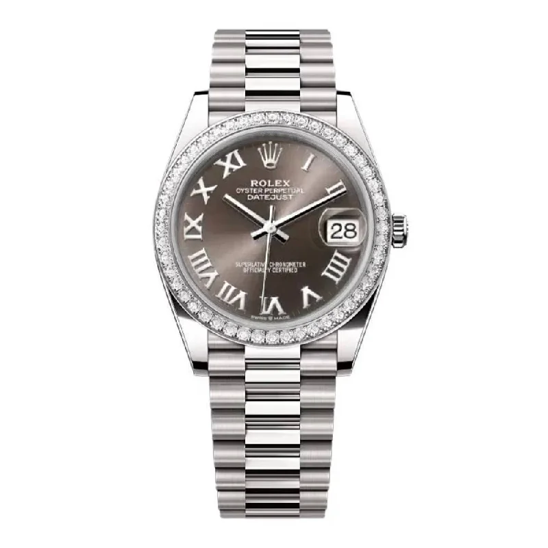 Rolex Lady-Datejust 28mm - Ref: 279136RBR dkgrp - Grey Roman Dial & Diamond Bezel, Platinum Presidential Bracelet Women's Watch-Rolex Submariner 14060M Watch