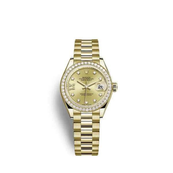 Rolex Lady-Datejust 28mm - Ref: 279138rbr-0006 - Champagne Diamond Dial & Diamond Bezel, 18K Yellow Gold Presidential Bracelet Women's Watch-Rolex Milgauss 116400GV Watch