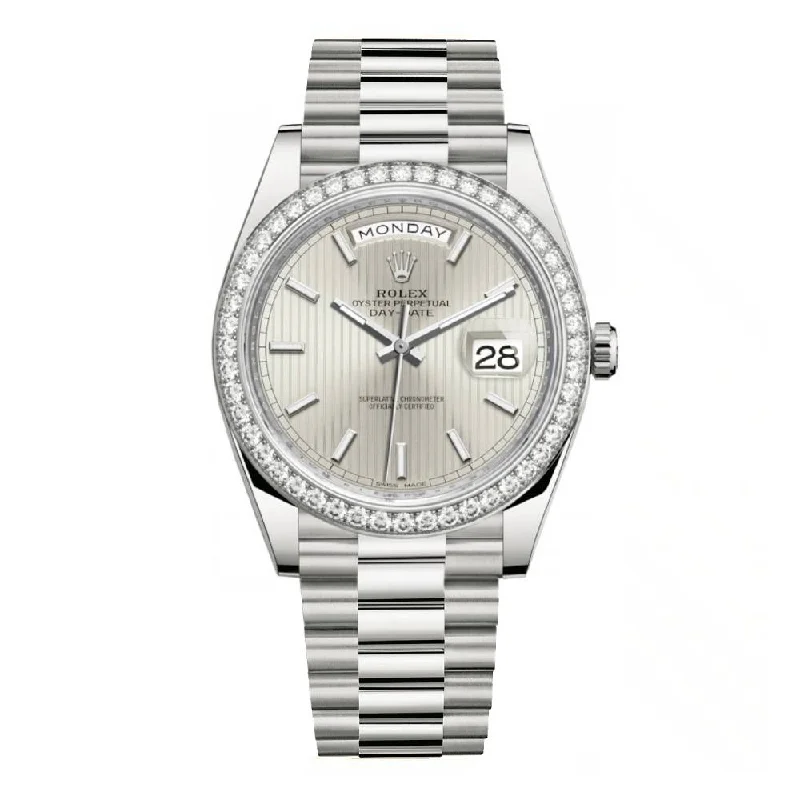 Rolex Day Date 40mm - Ref: 228349rbr-0007 - Silver Stripe Motif Stick Dial & Diamond Bezel, 18K White Gold President Bracelet Men's Watch-Rolex President Day-Date 40mm Watch