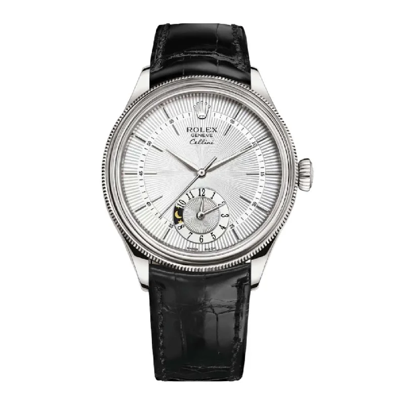 Rolex Cellini Dual Time 39mm - Ref: 50529-0006 - Silver Guilloche Index Dial, Domed & Fluted Double Bezel, 18K White Gold & Black Leather Strap Watch-Rolex Submariner 16613 Two-Tone Watch