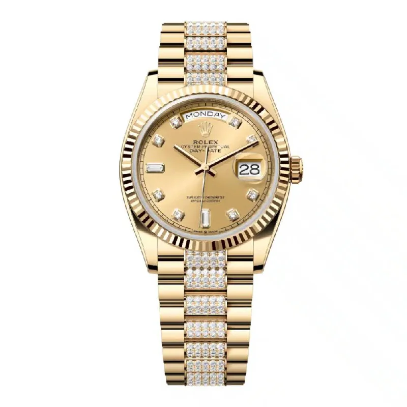 Rolex Day Date 36mm - Ref: 128238-0026 - Champagne Diamond Dial & Fluted Bezel, 18K Yellow Gold & Diamonds President Bracelet Watch-Rolex Submariner Date 40mm Watch