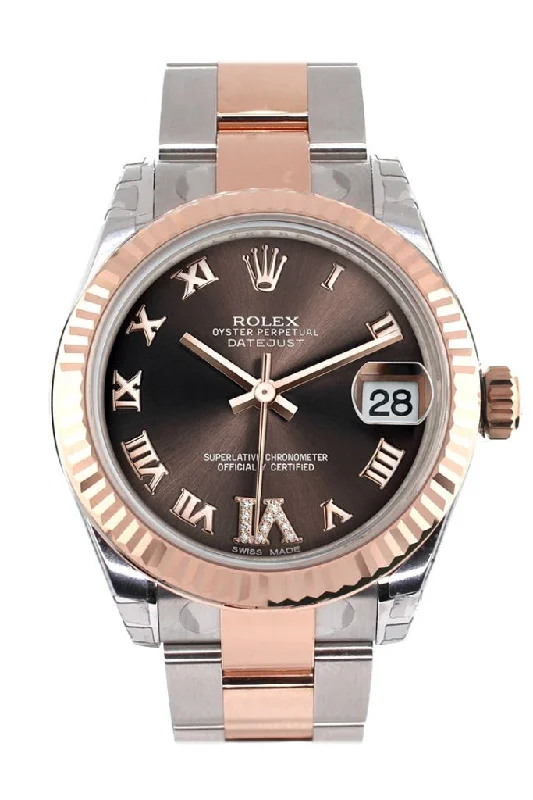 Rolex Datejust 31 Chocolate Roman Large VI Diamond Dial Fluted Bezel 18K Rose Gold Two Tone Ladies Watch 178271 Pre-owned-Rolex Day-Date 36mm Diamond Dial Watch