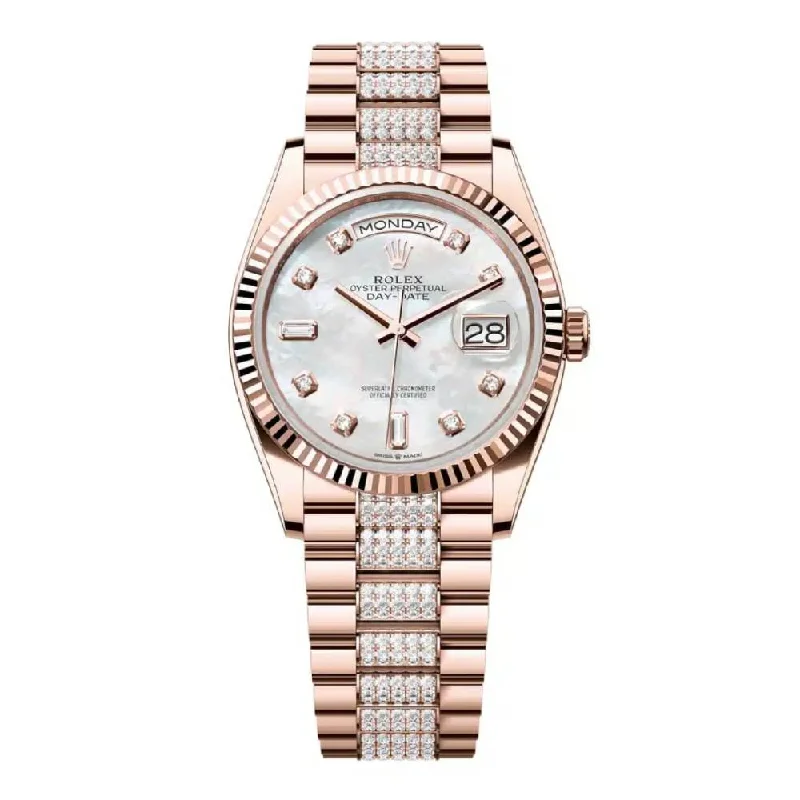 Rolex Day Date 36mm - Ref: 128235-0032 - White Mother of Pearl Diamond Dial & Fluted Bezel, 18K Rose Gold & Diamonds President Bracelet Watch-Rolex GMT-Master II Red and Blue Watch