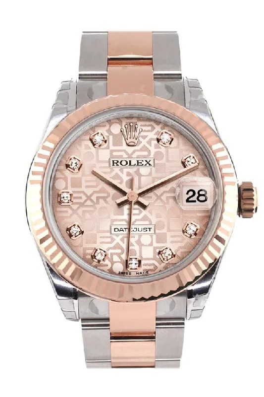 Rolex Datejust 31 Pink Jubilee Diamond Dial Fluted Bezel 18K Rose Gold Two Tone Ladies Watch 178271 Pre-owned-Rolex Explorer I Watch