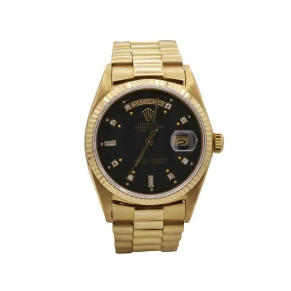 Rolex Day Date 36mm - Ref: ROL-55013 - Black Diamond Dial & Diamond Bezel, 18K Yellow Gold President Bracelet Watch-Rolex Submariner Date Watch