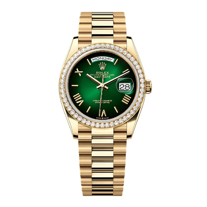 2024 Release Rolex Day-Date 36mm - Ref: 128348rbr-0068 - Green Ombre Dial & Diamond Bezel, 18K Yellow Gold Presidential Bracelet Watch-Rolex Yacht-Master Women’s Watch