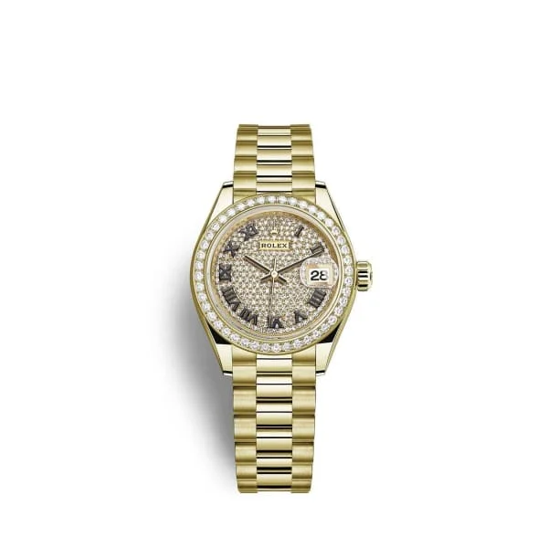 Rolex Lady Datejust 28mm - Ref: 279138rbr-0029 - Diamond Pave Dial, 18K Yellow Gold President Bracelet Women's Watch-Rolex Cosmograph Daytona Ceramic Bezel Watch