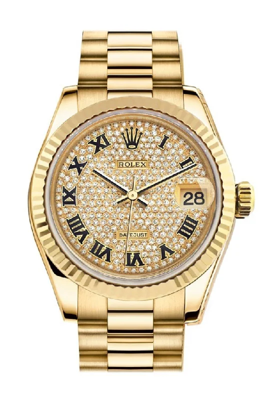 Rolex Datejust 31 Diamond Paved Dial Fluted Bezel 18K Yellow Gold President Ladies Watch 178278 Pre-owned-Rolex Yacht-Master 40mm Everose Gold Watch