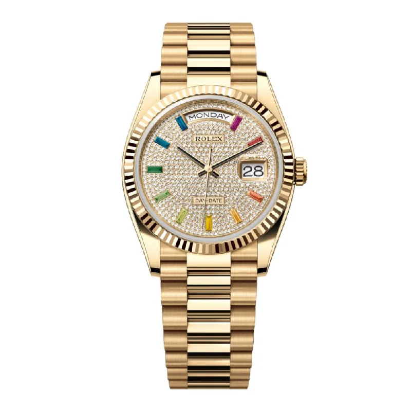 Rolex Day Date 36mm - Ref: 128238-0051 - Pave Rainbow Diamond Dial & Fluted Bezel, 18K Yellow Gold President Bracelet Watch-Rolex GMT-Master II 126710BLRO Watch