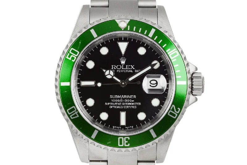 2003 Rolex Submariner 16610LV with Flat 4 Green Bezel and Rolex Service Papers-Rolex Milgauss White Dial Watch