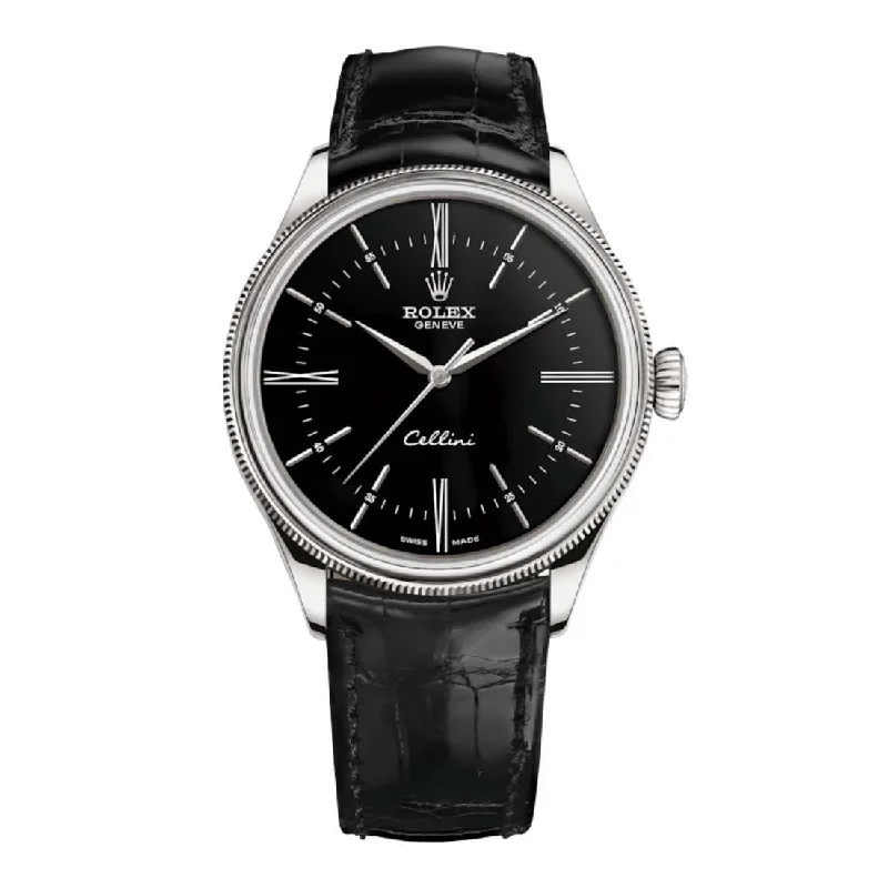 Rolex Cellini Time 39mm - Ref: 50509-0006 - Black Index & Roman Numeral Dial, Domed & Fluted Double Bezel, 18K White Gold & Black Leather Strap Watch-Rolex Datejust 36mm White Dial Watch