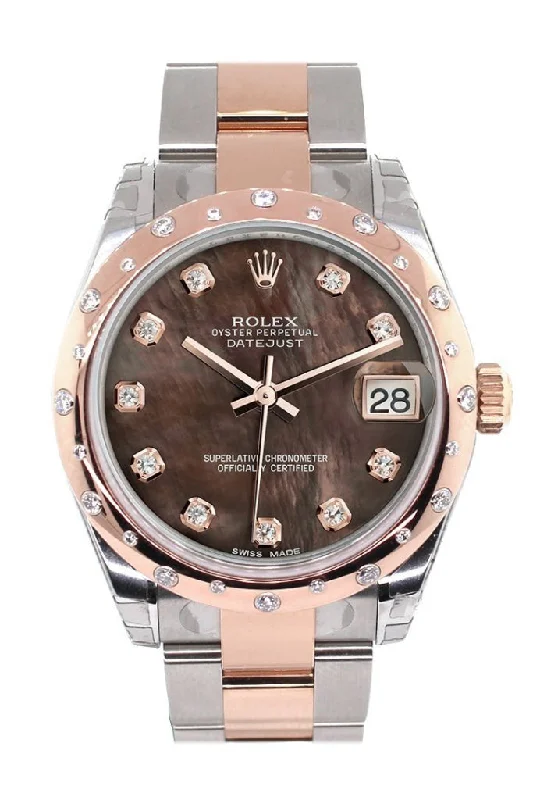 Rolex Datejust 31 Black Mother of Pearl Diamond Dial Diamond Bezel 18K Rose Gold Two Tone Ladies Watch 178341 Pre-owned-Rolex Sea-Dweller Deepsea Watch