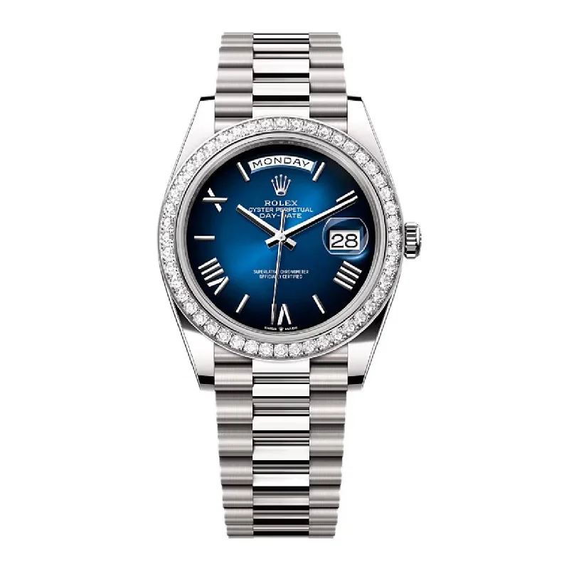 2024 Release Rolex Day-Date 40 mm | 18k white gold President bracelet | Blue ombré dial Diamond bezel | Men's Watch 228349RBR-Rolex Oyster Perpetual 39mm Watch