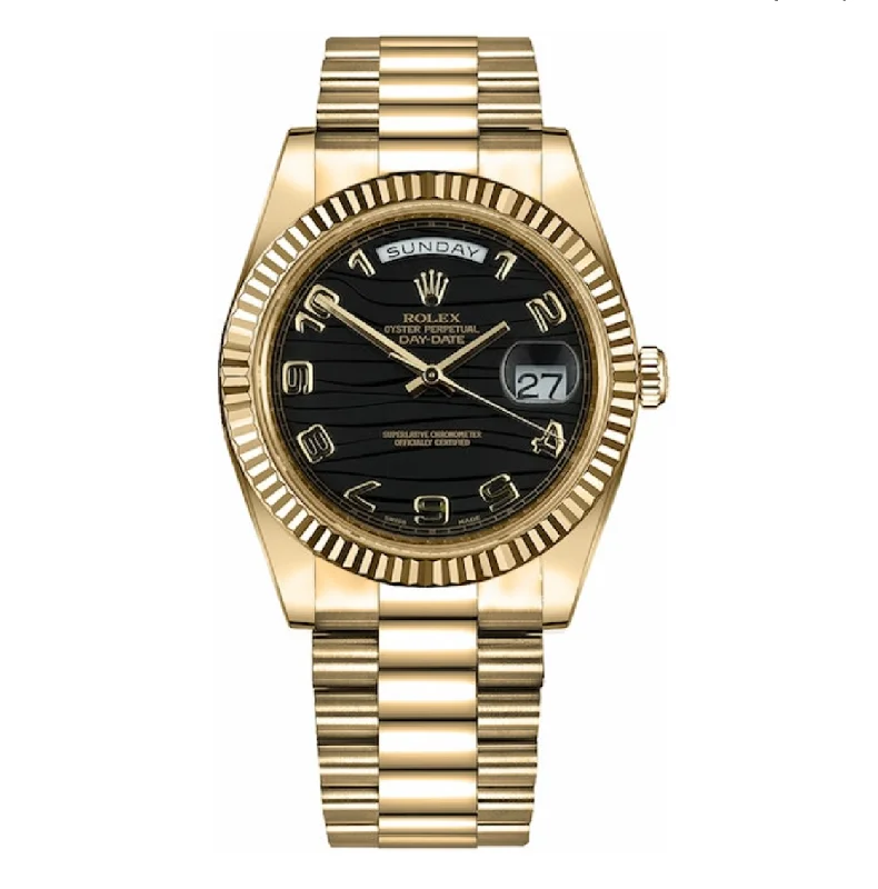 Rolex Day Date 41mm - Ref: 218238 - Black Wave Motif Dial & Fluted Bezel, 18K Yellow Gold President Bracelet Men's Watch-Rolex Daytona Stainless Steel Watch