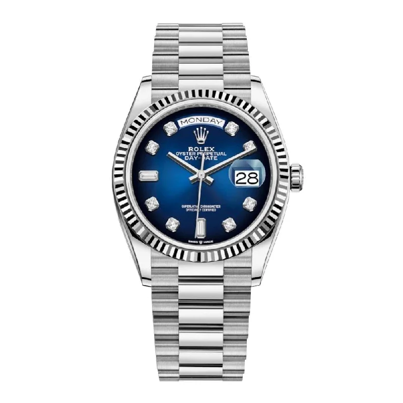 Rolex Day Date 36mm - Ref: 128239-0023 - Blue Ombre Diamond Dial & Fluted Bezel, 18K White Gold President Bracelet Watch-Rolex GMT-Master II Root Beer Watch