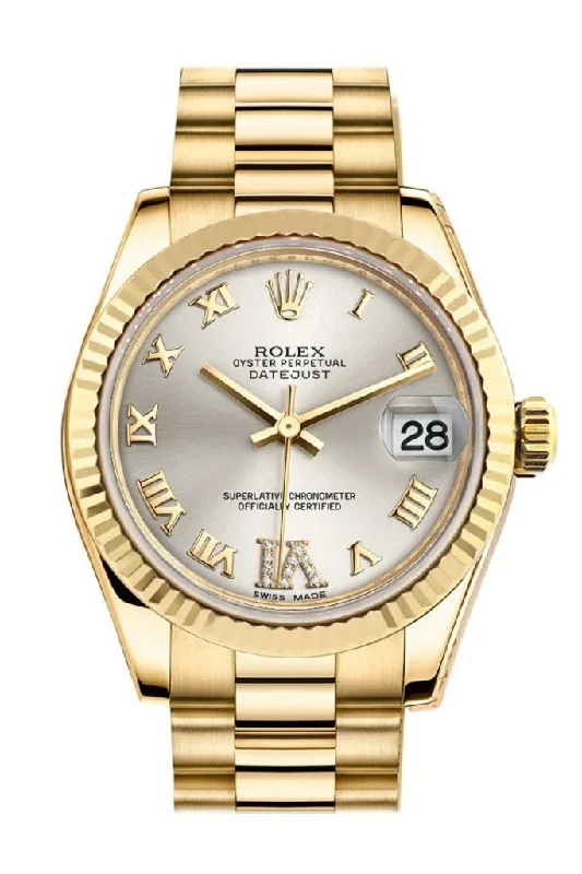 Rolex Datejust 31 Silver Large VI Rubies Dial Fluted Bezel 18K Yellow Gold President Ladies Watch 178278 Pre-owned-Rolex Day-Date 36mm Rose Gold Watch