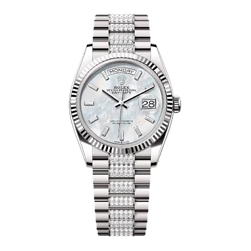 2024 Release Rolex Day Date 36mm - Ref: 128239-0066 - white mother of pearl Diamond & Diamond Bezel, 18k White Gold Presidential Bracelet Watch-Rolex Cosmograph Daytona 116500 Watch