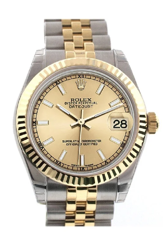 Rolex Datejust 31 Champagne Dial Fluted Bezel 18K Gold Two Tone Jubilee Ladies Watch 178273 Pre-owned-Rolex Yacht-Master 40mm Watch