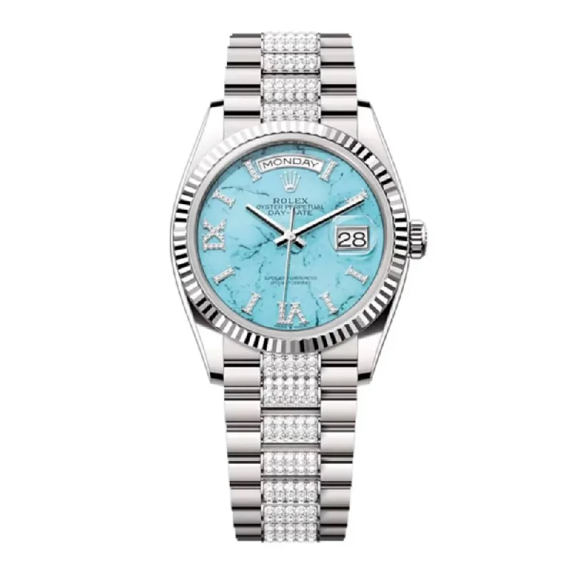 Rolex Day Date 36mm - Ref: 128239 - Tiffany Blue Turquoise Diamond Dial & Fluted Bezel, 18K White Gold & Diamonds President Bracelet Watch-Rolex Cosmograph Daytona White Dial Watch