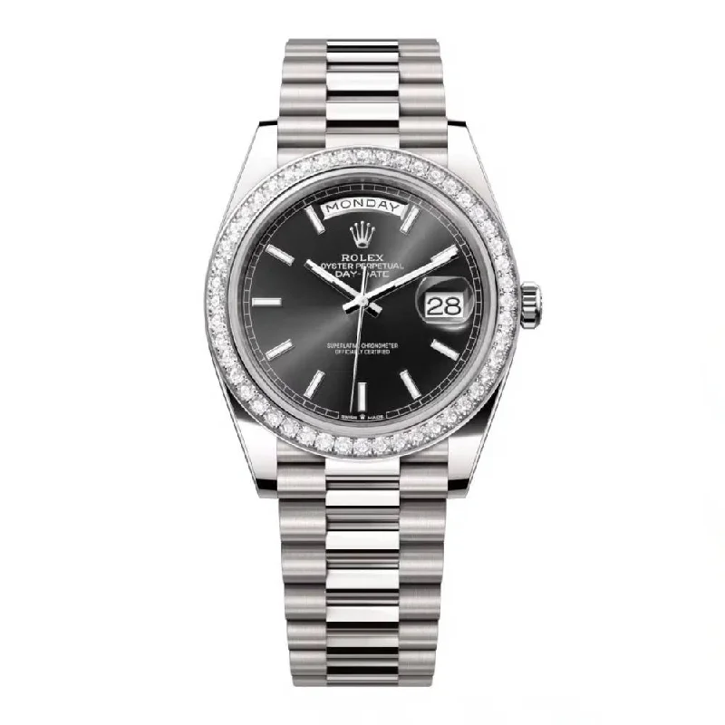 Rolex Day Date 40mm - Ref: 228349rbr-0002 - Black Stick Dial & Diamond Bezel, Platinum President Bracelet Men's Watch-Rolex Milgauss Men’s Watch