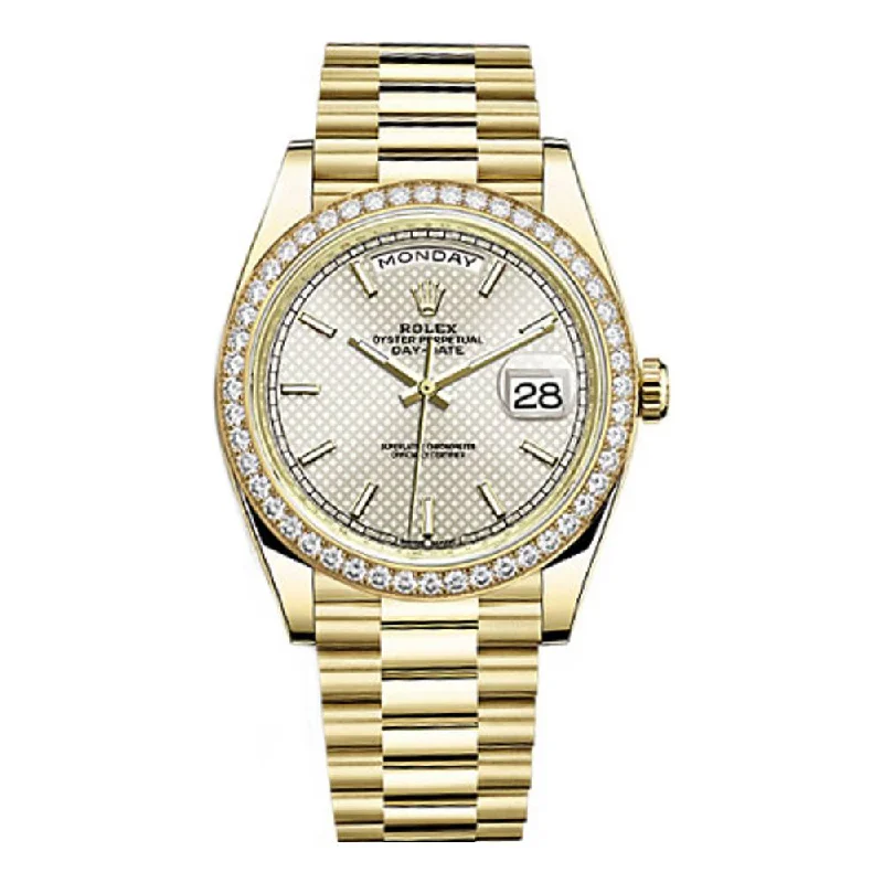 Rolex Day Date 40mm - Ref: 228348rbr-0005 - Silver Diagonal Motif Stick Dial & Diamond Bezel, 18K Yellow Gold President Bracelet Men's Watch-Rolex Submariner No Date Watch