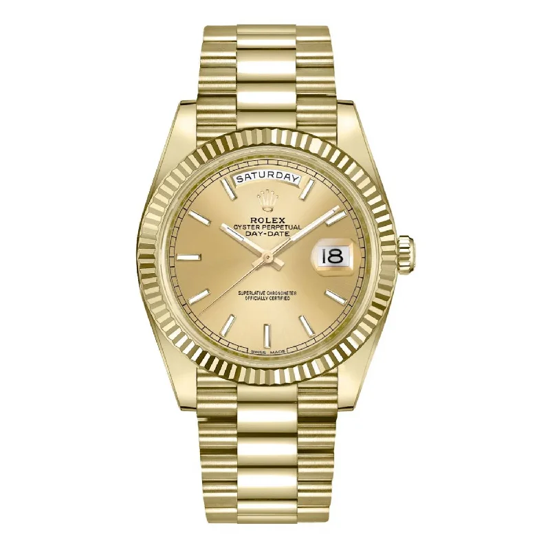 Rolex Day Date 41mm - Ref: 218238 - Champagne Stick Dial & Fluted Bezel, 18K Yellow Gold President Bracelet Men's Watch-Rolex Submariner Ceramic Bezel Watch