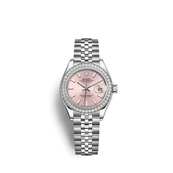 Rolex Lady-Datejust 28mm - Ref: 279384rbr-0001 - Pink Stick Dial & Diamond Bezel, Stainless Steel Jubilee Bracelet Women's Watch-Rolex Day-Date Rose Gold Watch