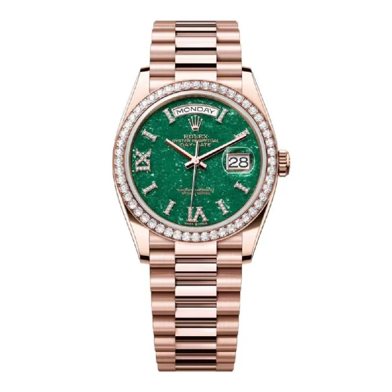 Rolex Day Date 36mm - Ref: 128345RBR - Green Aventurine Roman Diamond Dial & Diamond Bezel, 18K Rose Gold President Bracelet Watch-Rolex Day-Date 40mm Yellow Gold President Watch