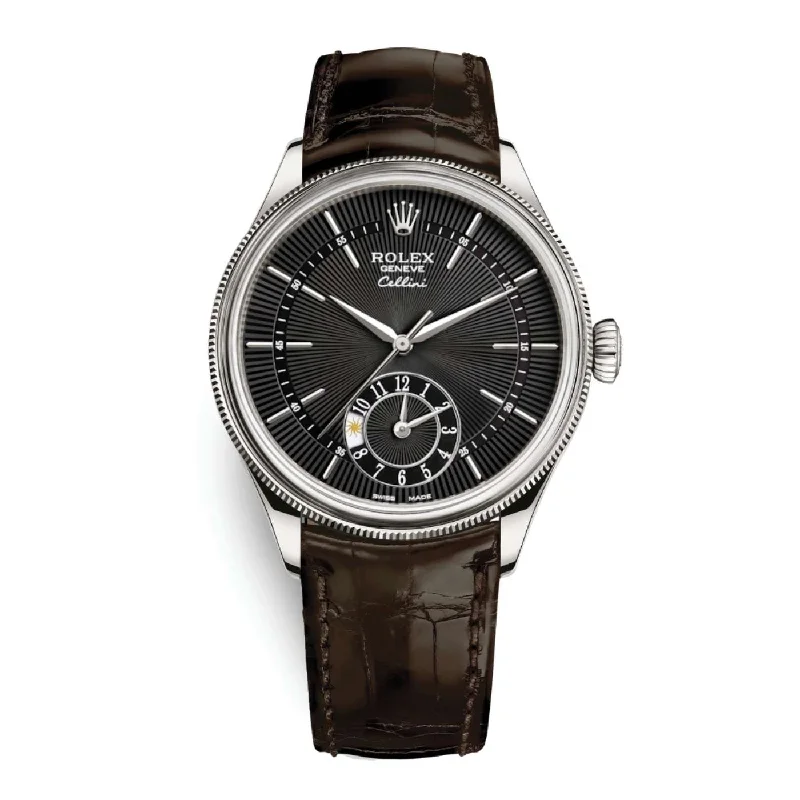 Rolex Cellini Dual Time 39mm - Ref: 50529-0010 - Black Guilloche Index Dial, Domed & Fluted Double Bezel, 18K White Gold & Tobacco Brown Leather Strap Watch-Rolex Explorer 40mm Stainless Steel Watch